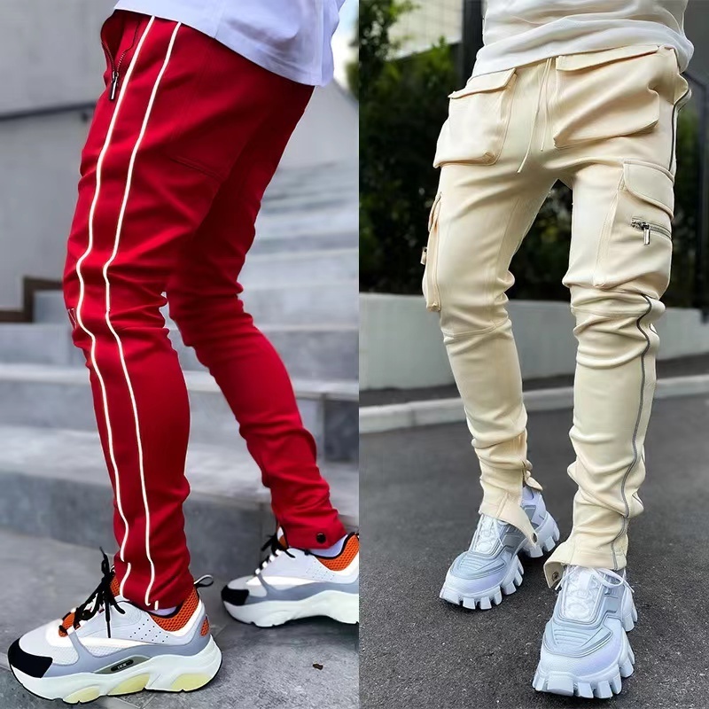 Wholesale 3m Reflective Printed Streetwear Baggy Men's Stacked Joggers Cargo Pants 6 Multi Pocket Stacked Cargo Track Pants Men