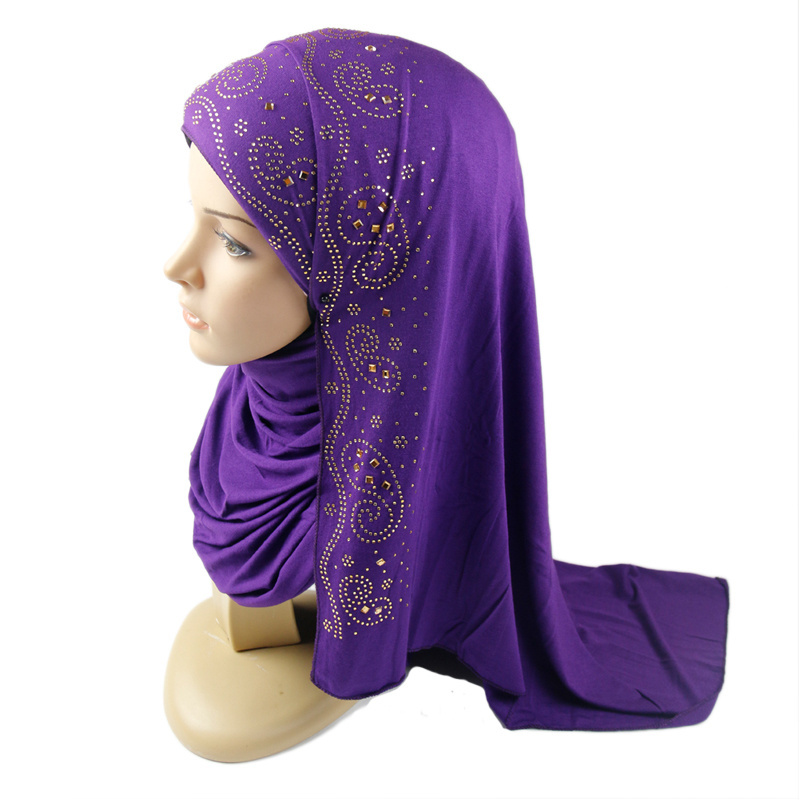 Rhinestone Hotfix Solid Color Jersey Lycra Material Muslim Hijab Plain Color Arab Shawl Wholesale Hijab With Stones