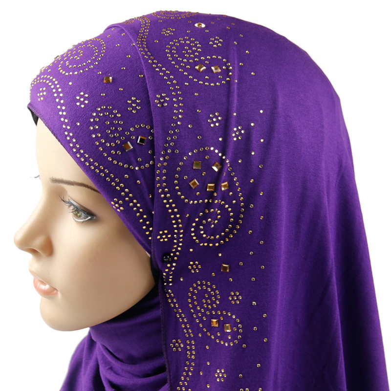 Rhinestone Hotfix Solid Color Jersey Lycra Material Muslim Hijab Plain Color Arab Shawl Wholesale Hijab With Stones