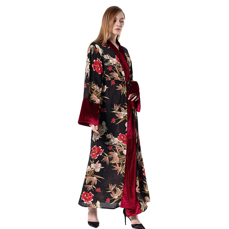 With Pattern Rose Print Dress Evening Cardigan Velvet Fabric Open Abaya For Women Modern Islamic Clothing