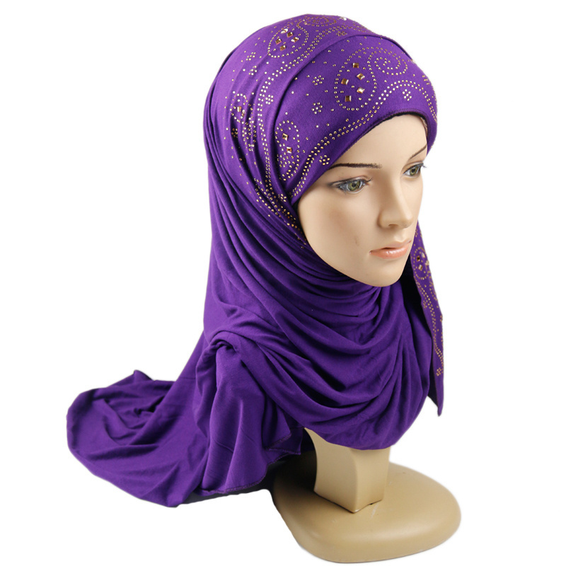 Rhinestone Hotfix Solid Color Jersey Lycra Material Muslim Hijab Plain Color Arab Shawl Wholesale Hijab With Stones