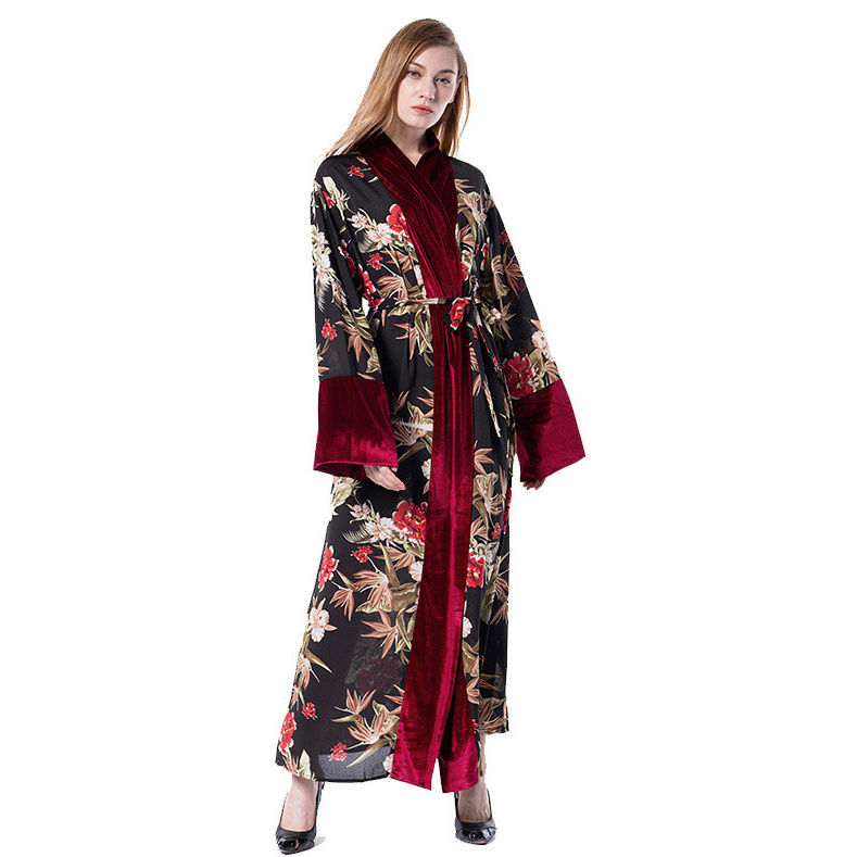 With Pattern Rose Print Dress Evening Cardigan Velvet Fabric Open Abaya For Women Modern Islamic Clothing