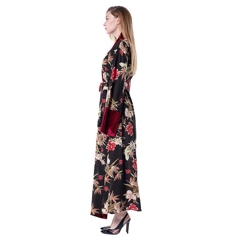 With Pattern Rose Print Dress Evening Cardigan Velvet Fabric Open Abaya For Women Modern Islamic Clothing