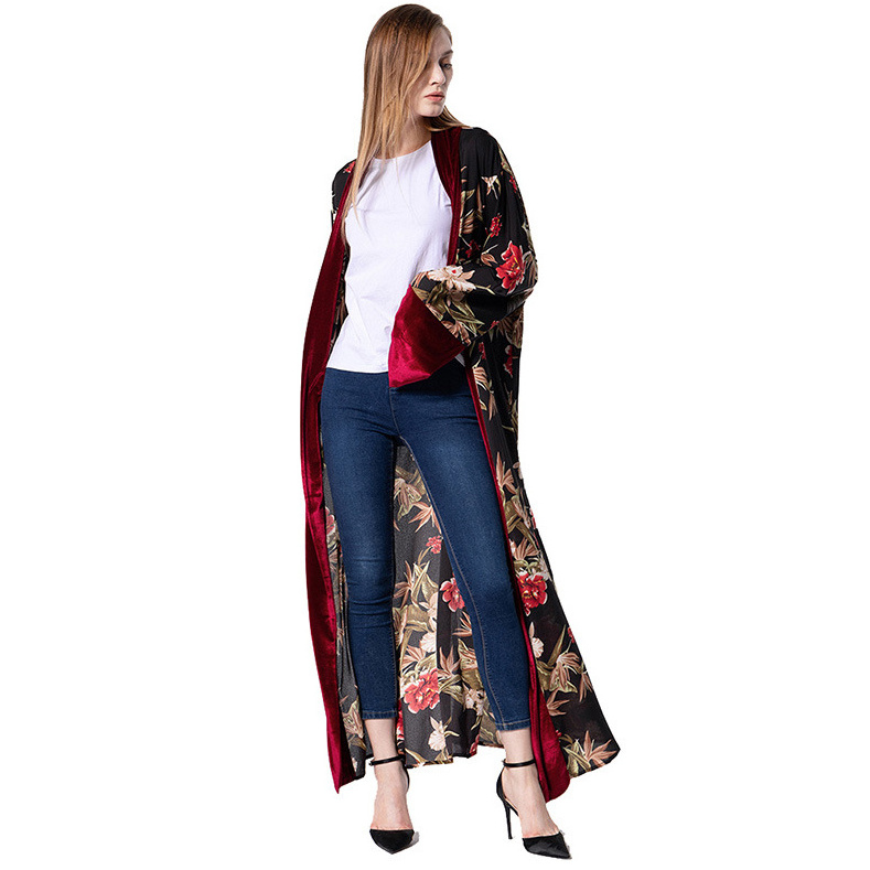 With Pattern Rose Print Dress Evening Cardigan Velvet Fabric Open Abaya For Women Modern Islamic Clothing