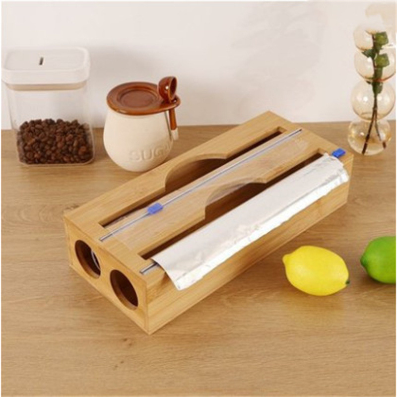 Wholesale Bamboo Foil Wrap Dispenser with Cutter Aluminum Foil Organizer Wax Paper Plastic Wrap Dispenser for Kitchen Drawer