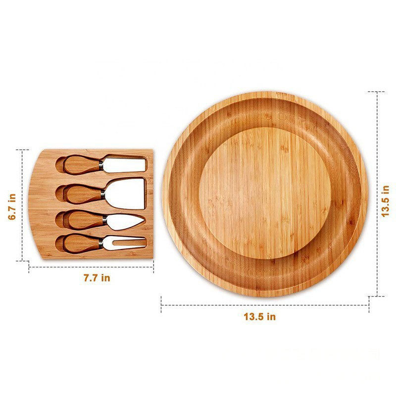 Round Bamboo cheese board with Cheese Tools Cheese Plate Charcuterie Platter with 4 Stainless Steel Cutting Knives