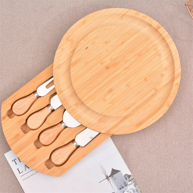 Round Bamboo cheese board with Cheese Tools Cheese Plate Charcuterie Platter with 4 Stainless Steel Cutting Knives