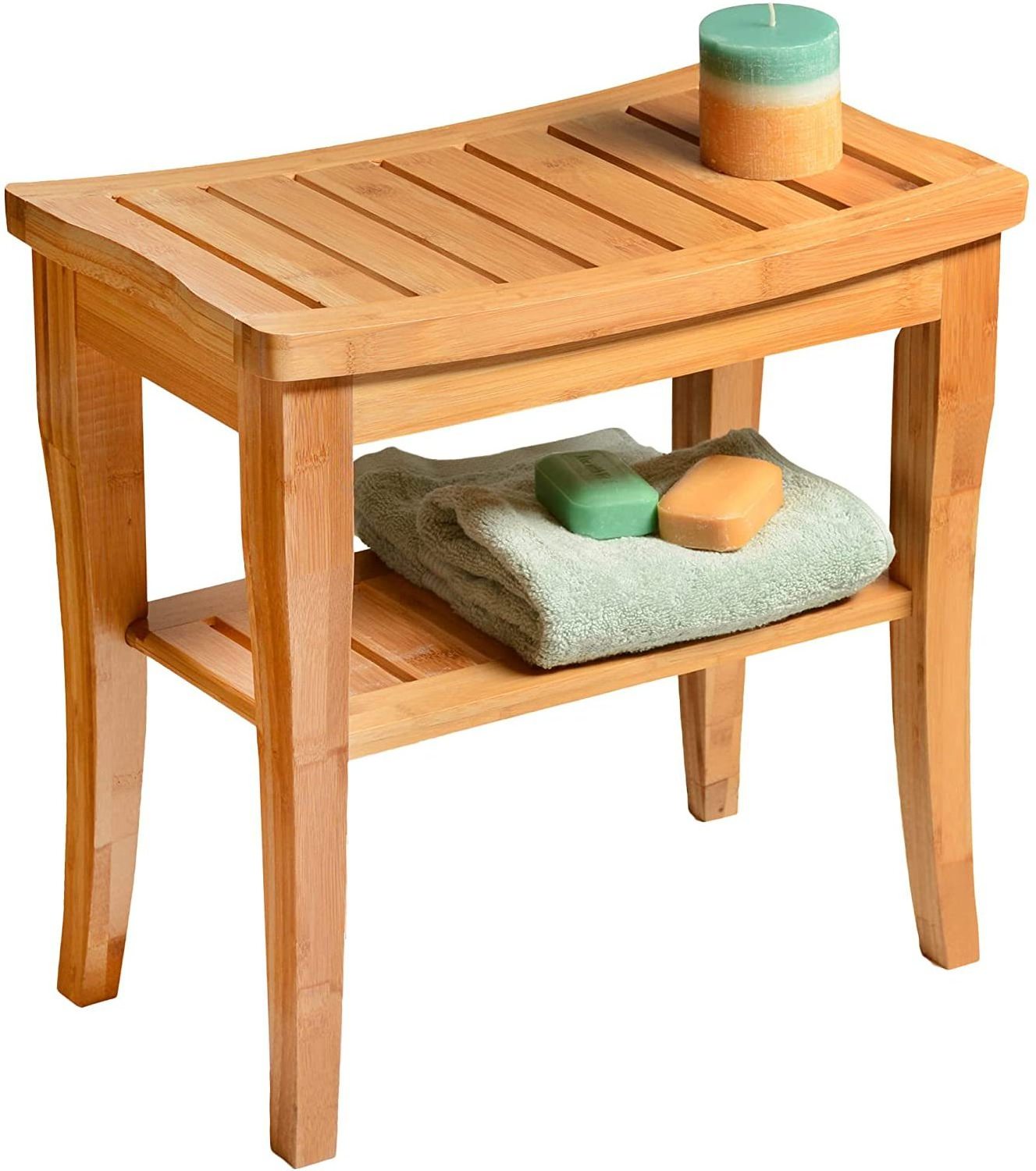 Bamboo Shower Bench Spa Stool Wood 2 Tier Seat Foot Rest Shaving Stool with Non-Slip Feet Storage Shelf