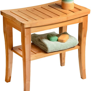 Bamboo Shower Bench Spa Stool Wood 2 Tier Seat Foot Rest Shaving Stool with Non-Slip Feet Storage Shelf