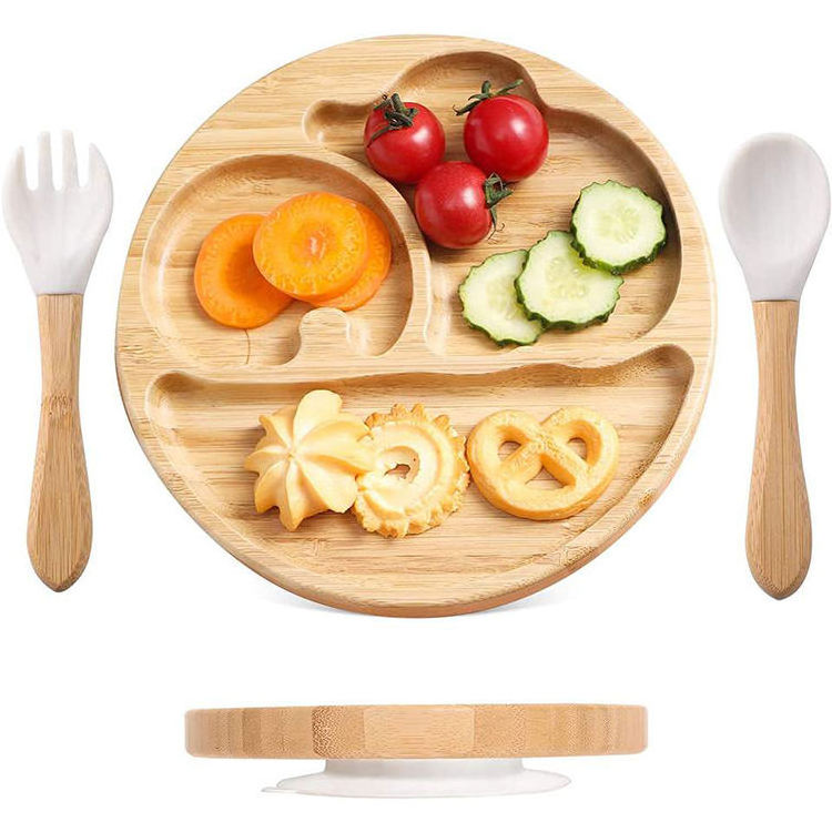 Baby Bamboo Suction Plates Set with Spoons & Fork Baby Food Dishes Feeding Set Custom Animal Plate Baby Feeding Plates