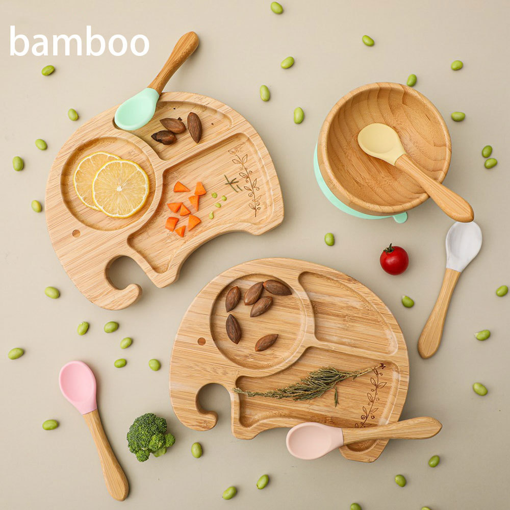 Baby Bamboo Suction Plates Set with Spoons & Fork Baby Food Dishes Feeding Set Custom Animal Plate Baby Feeding Plates