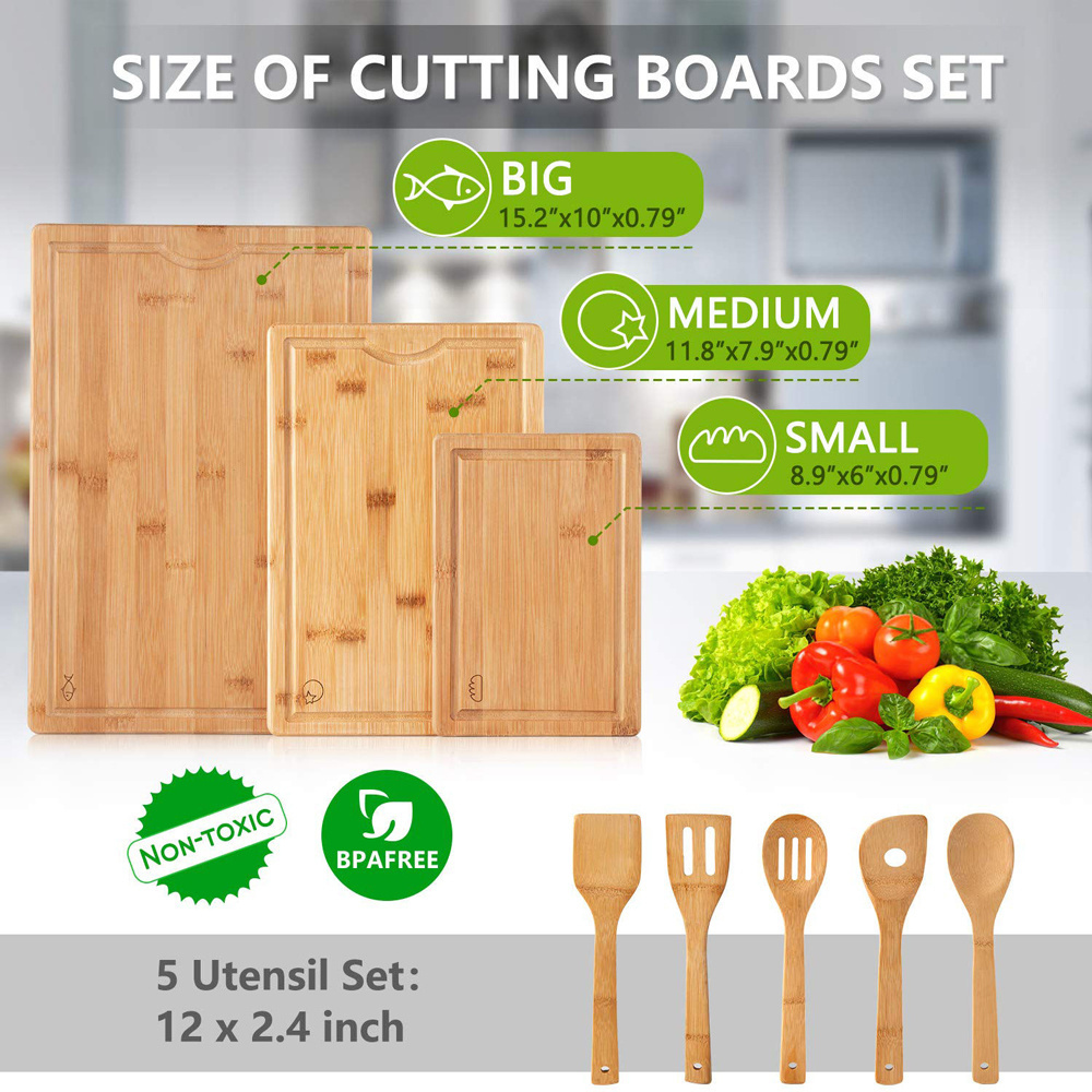 Factory Customization Large Bamboo Cutting Board Set and Utensils Set with Juice Chopping block