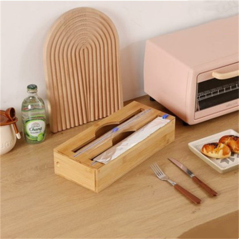 Wholesale Bamboo Foil Wrap Dispenser with Cutter Aluminum Foil Organizer Wax Paper Plastic Wrap Dispenser for Kitchen Drawer