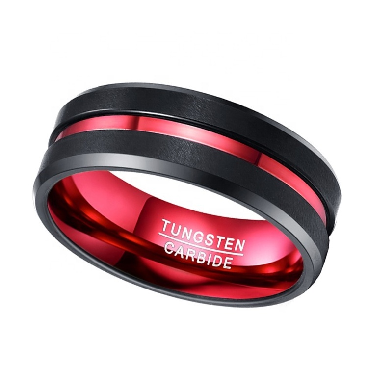 8mm width black tungsten carbide rings for men red line grooved tungsten ring