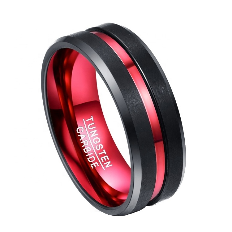 8mm width black tungsten carbide rings for men red line grooved tungsten ring