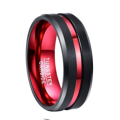 8mm width black tungsten carbide rings for men red line grooved tungsten ring