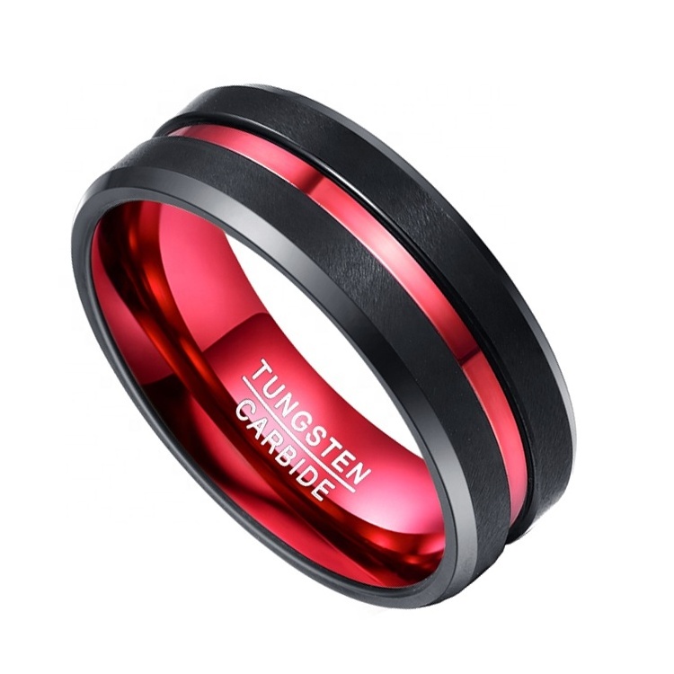 8mm width black tungsten carbide rings for men red line grooved tungsten ring