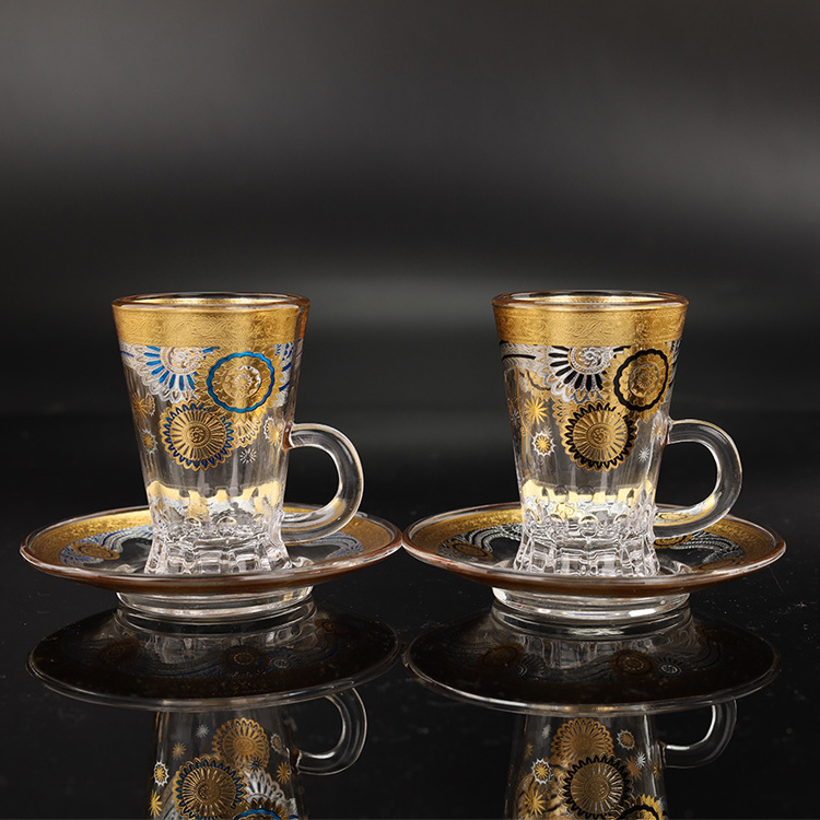 Wholesale 12pcs Arabic Turkish  Glass Teacup And Saucer Coffee Tea cup And Saucers Set Glass Cup set