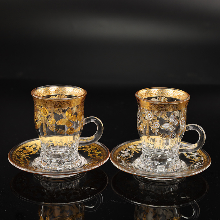 Wholesale 12pcs Arabic Turkish  Glass Teacup And Saucer Coffee Tea cup And Saucers Set Glass Cup set