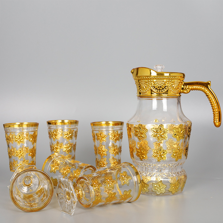 Wholesale 7pcs  golden Water Jug Glass Water Set glass tumbler jug Pitcher Set With Lid glass water set