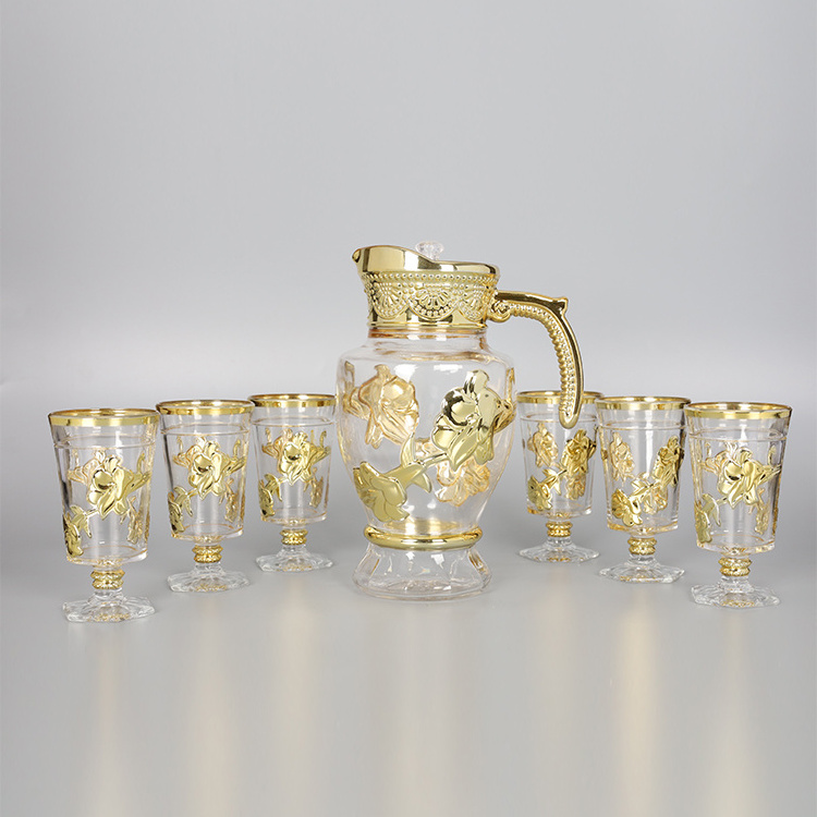 Wholesale 7pcs  golden Water Jug Glass Water Set glass tumbler jug Pitcher Set With Lid glass water set