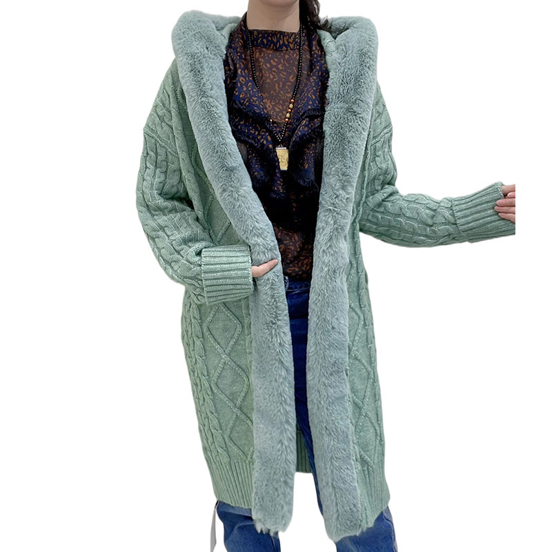 Custom Knit Long Cardigan With Hooded Women Long Sleeve Twist Oversize  Sweater Eith Fur trimmed lapels