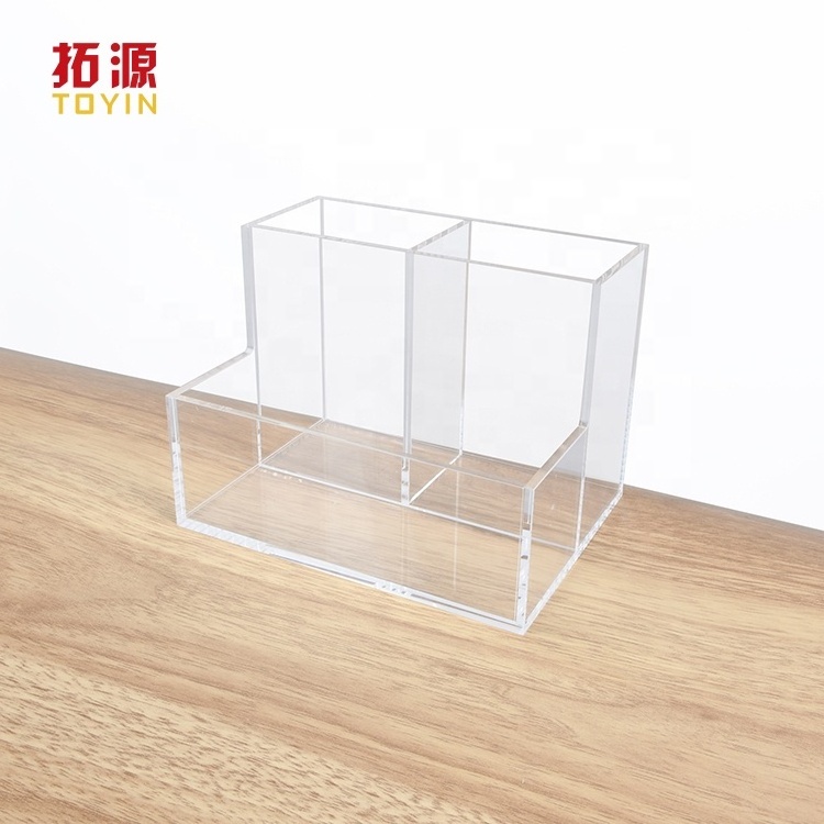 IN Stock Clear Acrylic Pen Holder with Sticky Notes Holder and 3 Compartments Stationery for Desk