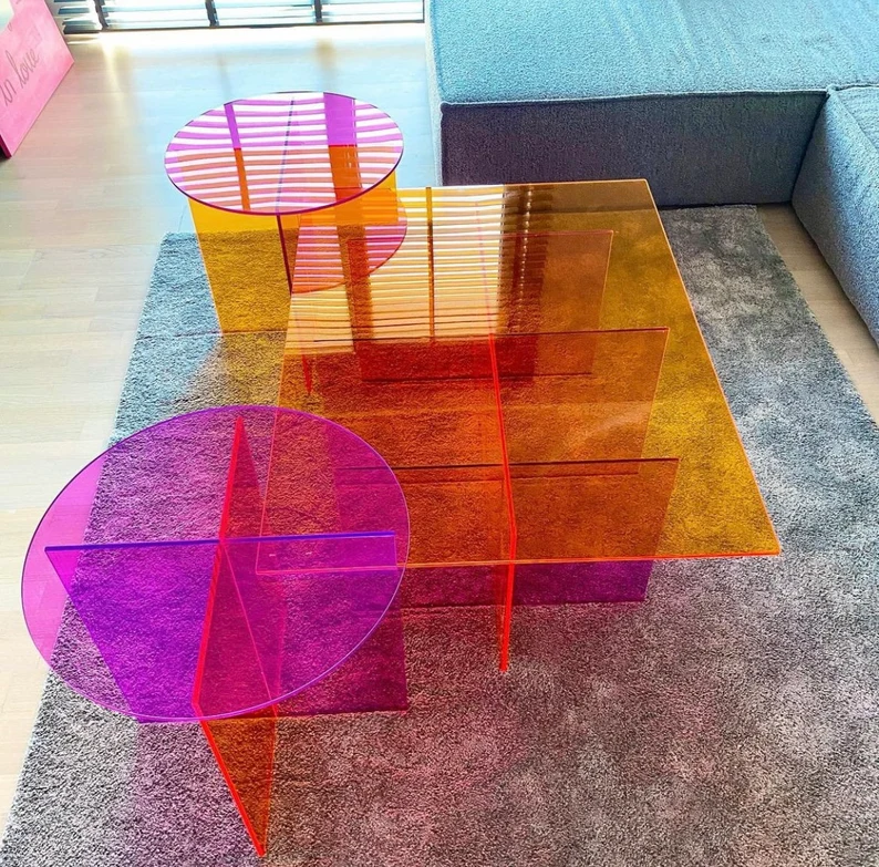 Living Room Neon Pink Orange Clear Colorful Acrylic Coffee Acrylic Table