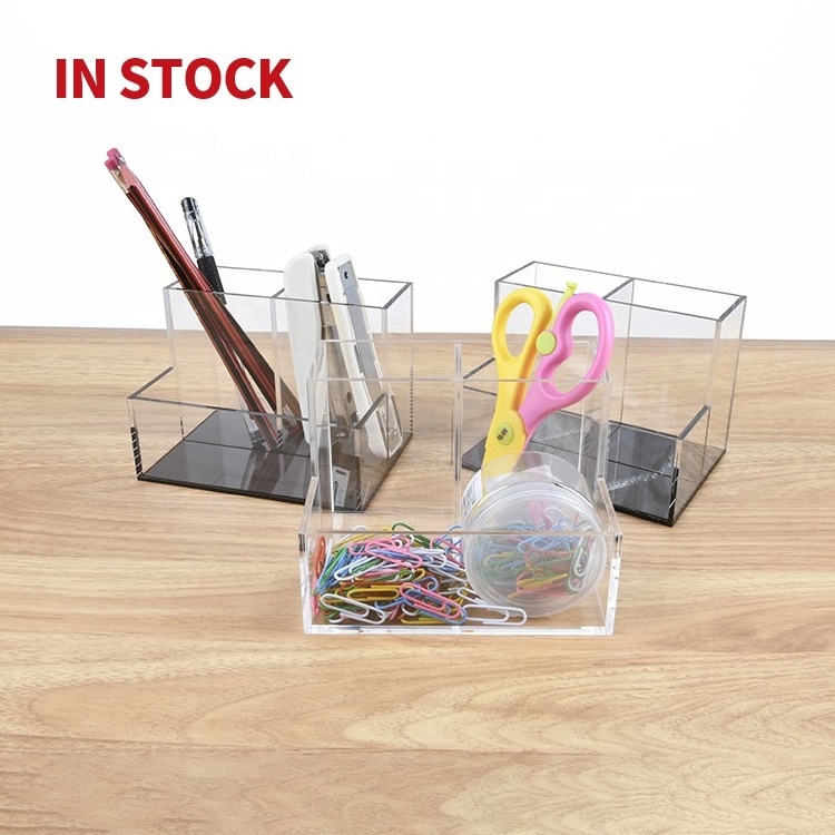 IN Stock Clear Acrylic Pen Holder with Sticky Notes Holder and 3 Compartments Stationery for Desk