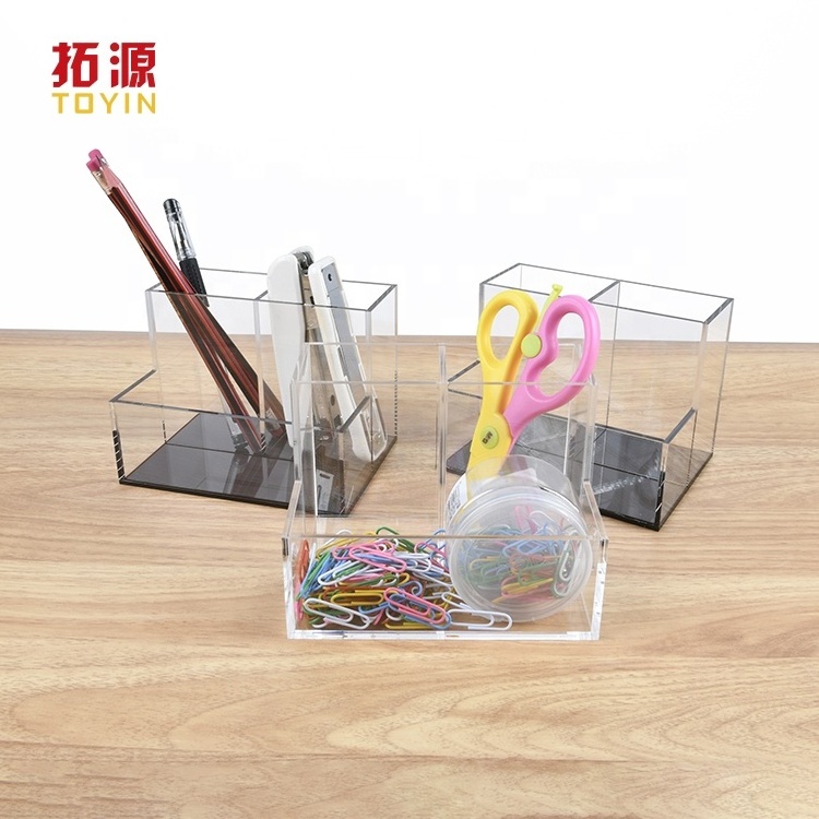 IN Stock Clear Acrylic Pen Holder with Sticky Notes Holder and 3 Compartments Stationery for Desk