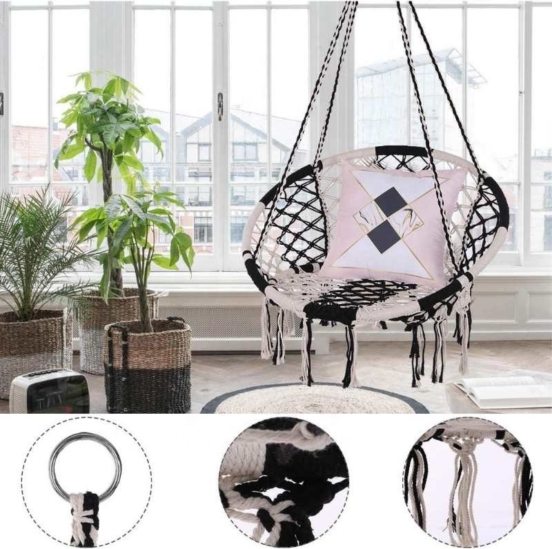 Outdoor/Indoor Round Rope Macrame Swing Chair with cushion