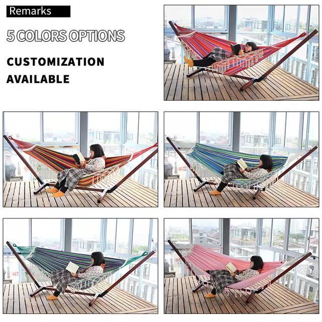 Wood Hammock Stand with Portable macrame Hammock, for Home Patio Garden Yard Picnic Camp