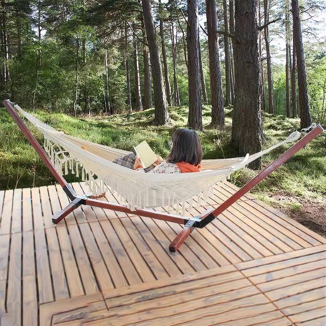 Wood Hammock Stand with Portable macrame Hammock, for Home Patio Garden Yard Picnic Camp