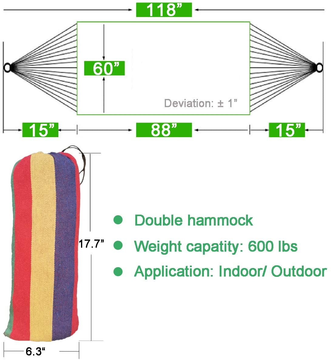 Double Hammock with spreader bar,Tree Hammock Heavy Duty Portable Canvas Cotton Brazilian Hammock for Adults or Children,Outdoor