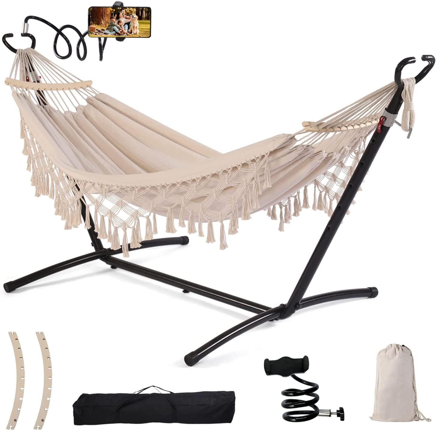 Hammock with Stand Phone Holder Hanging Swing Double Boho Brazilian Macrame Fringe Max 500lbs for Indoor Outdoor Patio Yard Gard