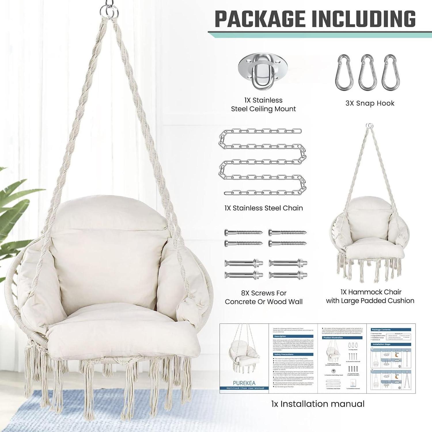 Hammock Chair Macrame Hanging Swing Chair with Large Padded Cushion and Hardware Kits Max 330 Lbs Hanging Cotton Rope Chair f