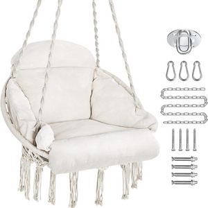 Hammock Chair Macrame Hanging Swing Chair with Large Padded Cushion and Hardware Kits Max 330 Lbs Hanging Cotton Rope Chair f