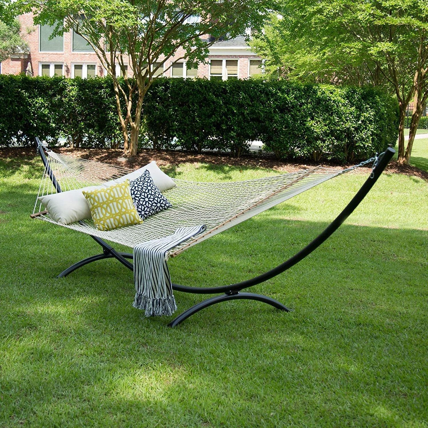 12FT Rope Hammock Quick Dry Rope Hammock with Double Size Solid Wood Spreader Bar Outdoor Patio Yard Poolside Hammock  2 Person