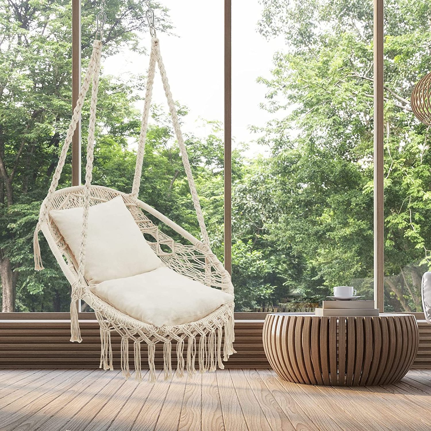 Hammock Chair Hanging Rope Swing, Hanging Chair Max 330Lbs,2 Cushions Included Macrame Swing Chair for Bedroom,Indoor, Outdoor,