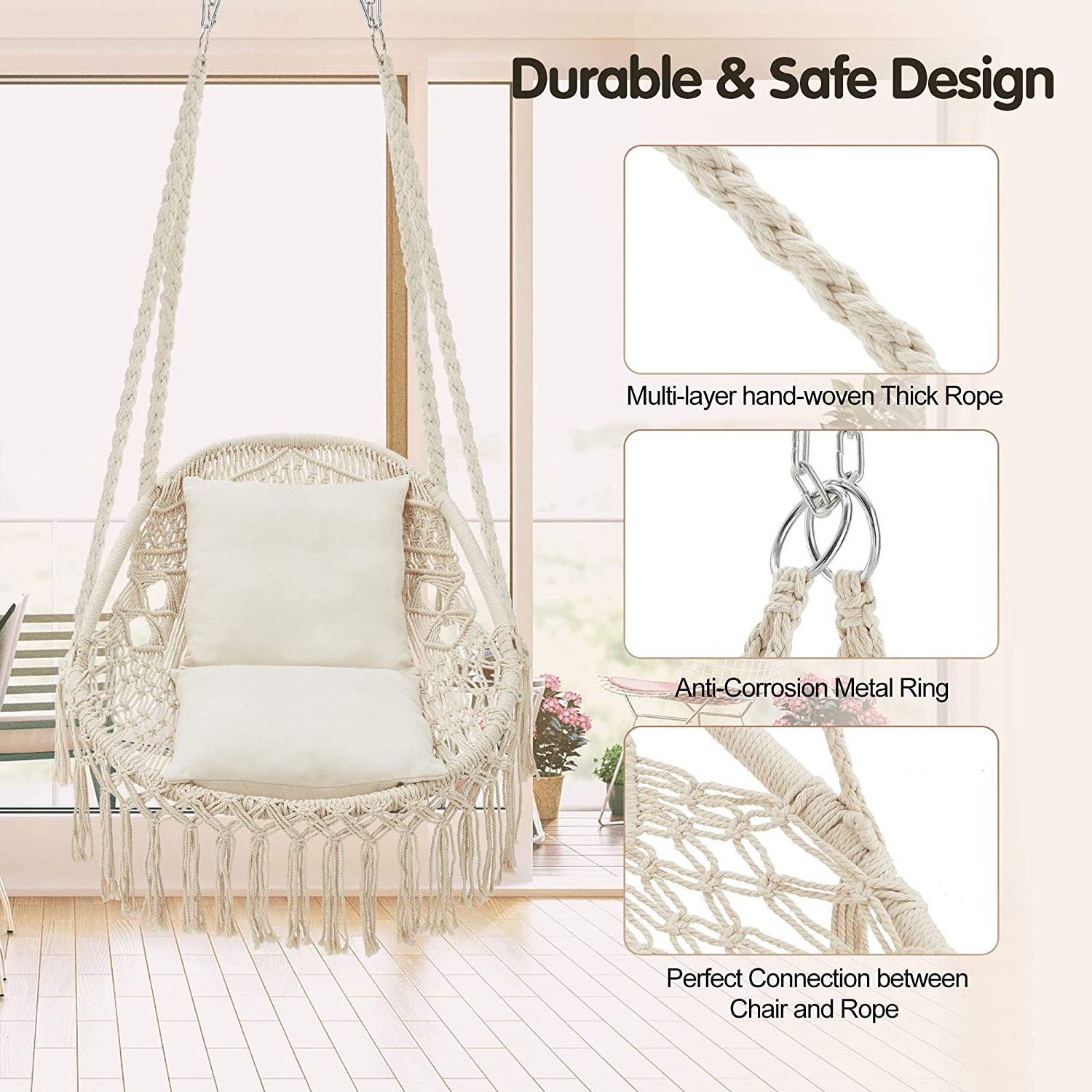 Hammock Chair Hanging Rope Swing, Hanging Chair Max 330Lbs,2 Cushions Included Macrame Swing Chair for Bedroom,Indoor, Outdoor,