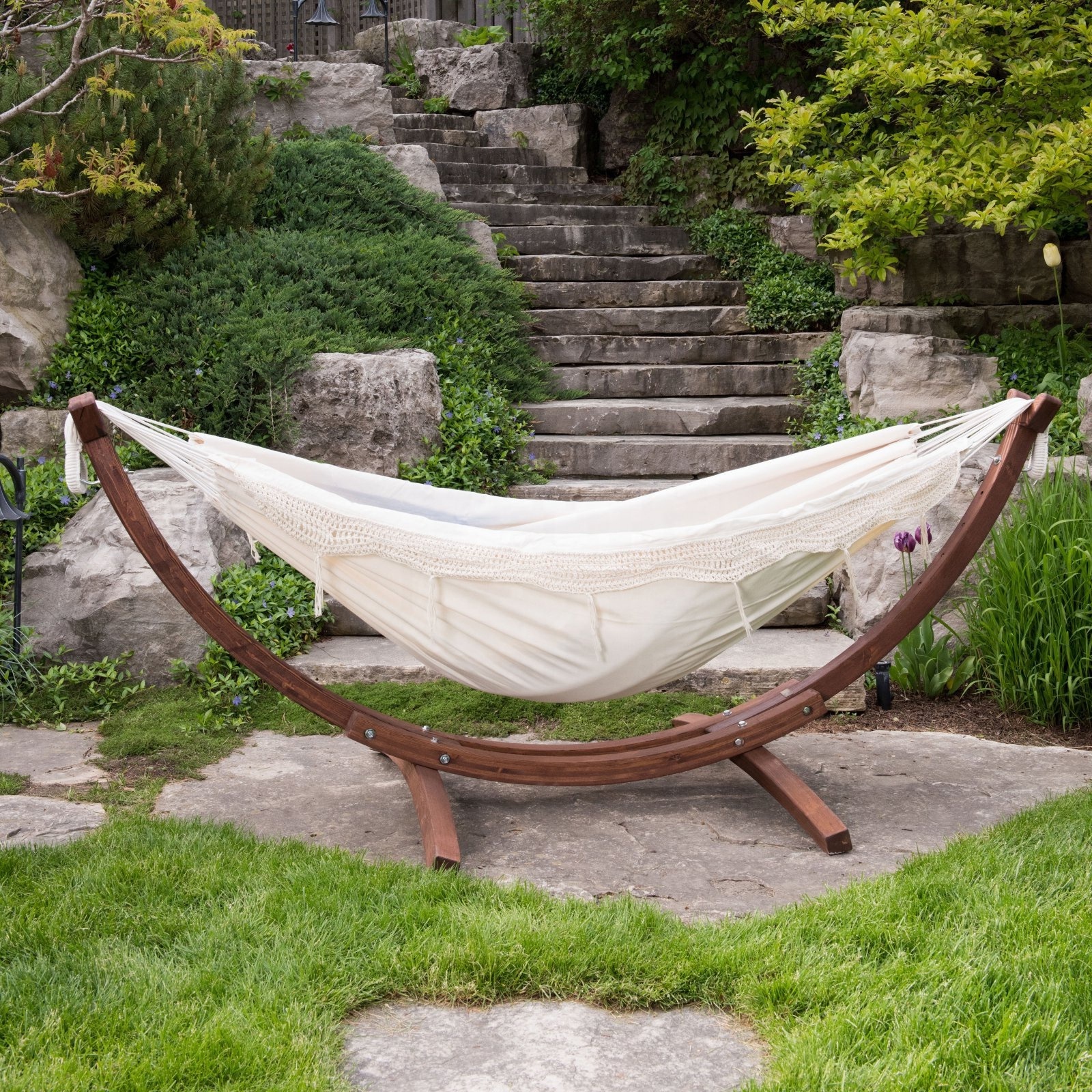 Outdoor Indoor Cotton Hammock With Macrame Lace Fringe Tassel With Wood Stand