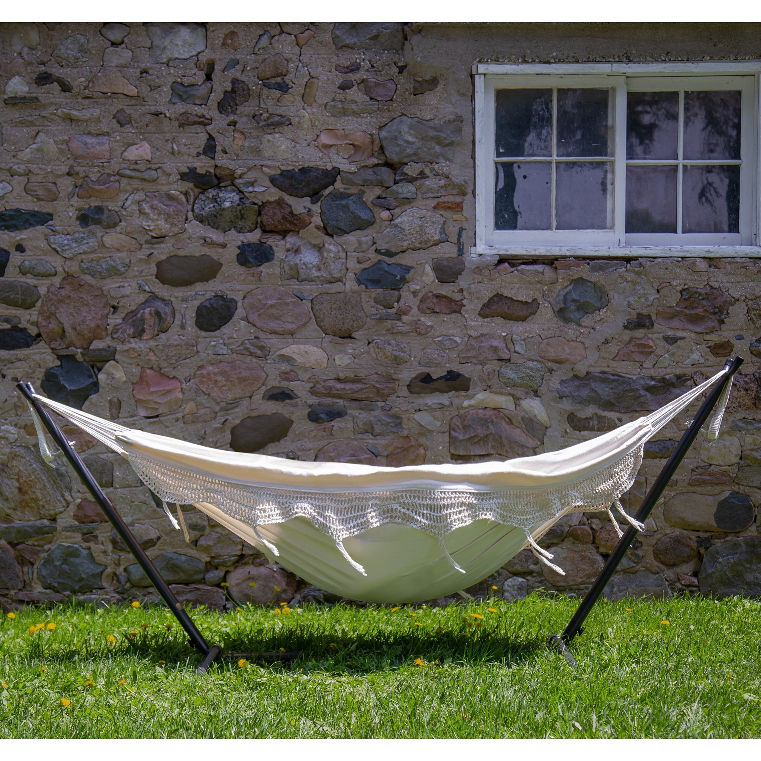 Outdoor Indoor White Cotton Hammock With Macrame Lace Fringe Tassel With Stand,Beach Hammock Stand