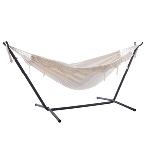 Outdoor Indoor White Cotton Hammock With Macrame Lace Fringe Tassel With Stand,Beach Hammock Stand