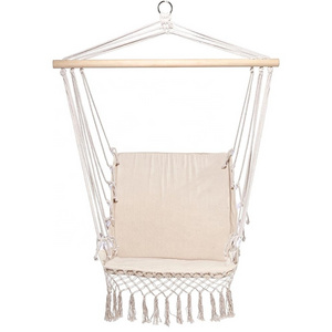 Outdoor Indoor Garden Hammock White Rope Cotton Macrame Hanging Swing Chair with Macrame Lace