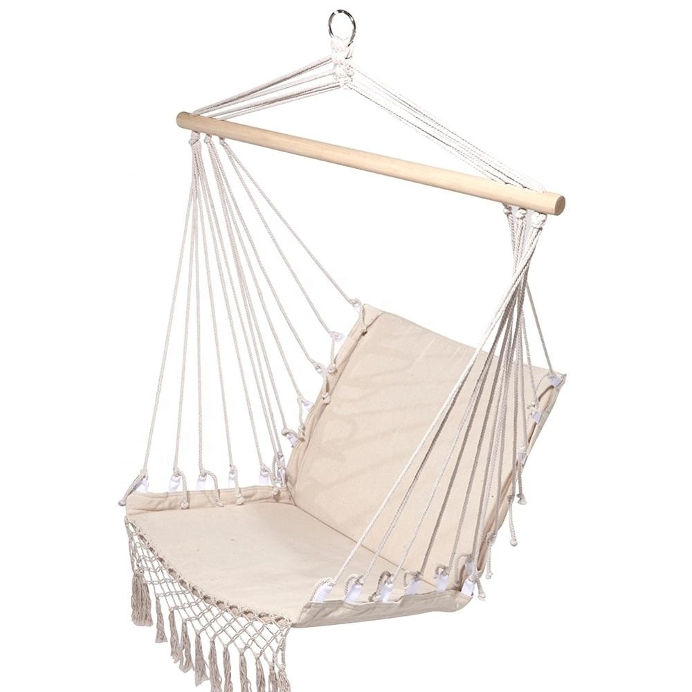 Outdoor Indoor Garden Hammock White Rope Cotton Macrame Hanging Swing Chair with Macrame Lace