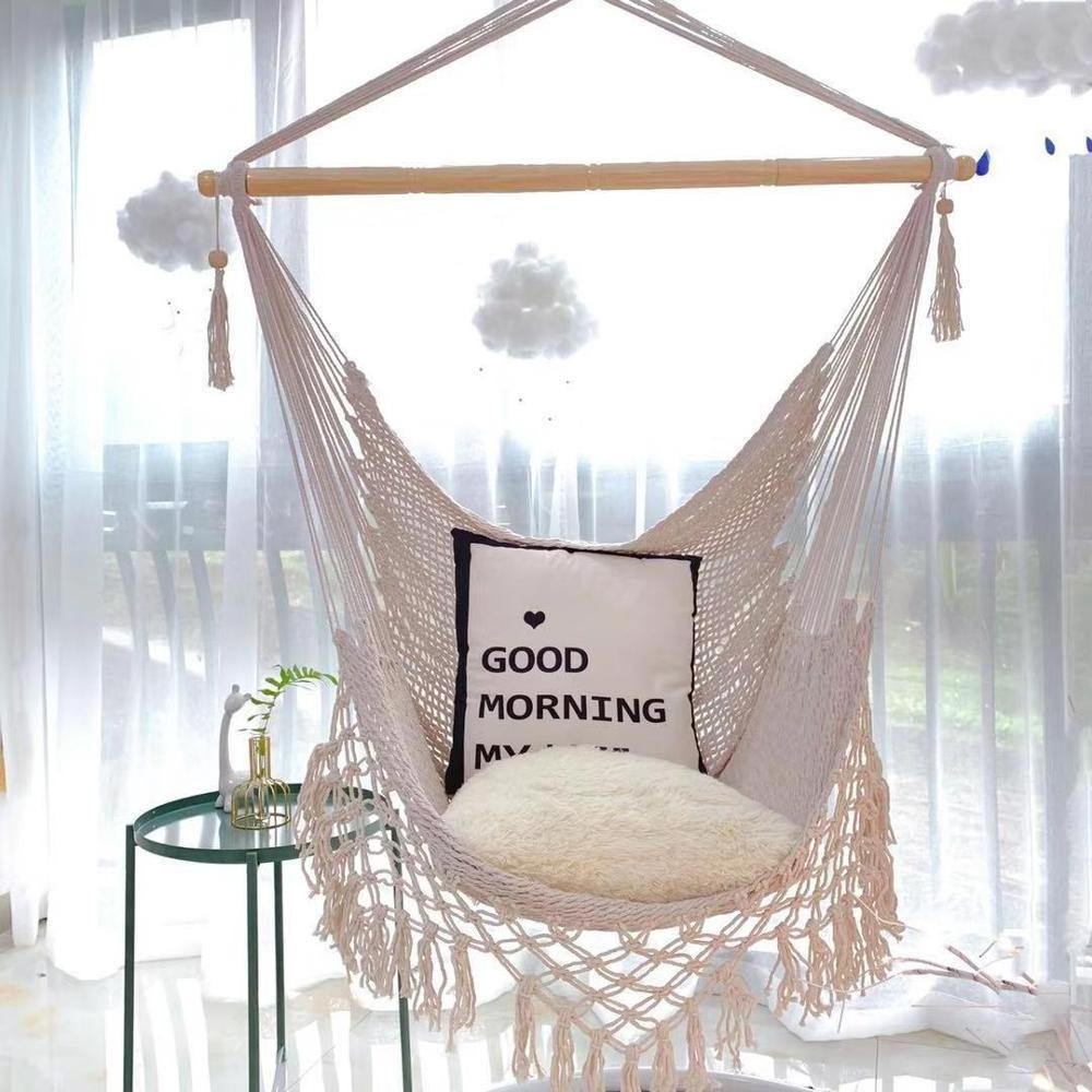 Outdoor Indoor Garden Hammock beige Rope Hanging Swing Chair With Macrame Lace