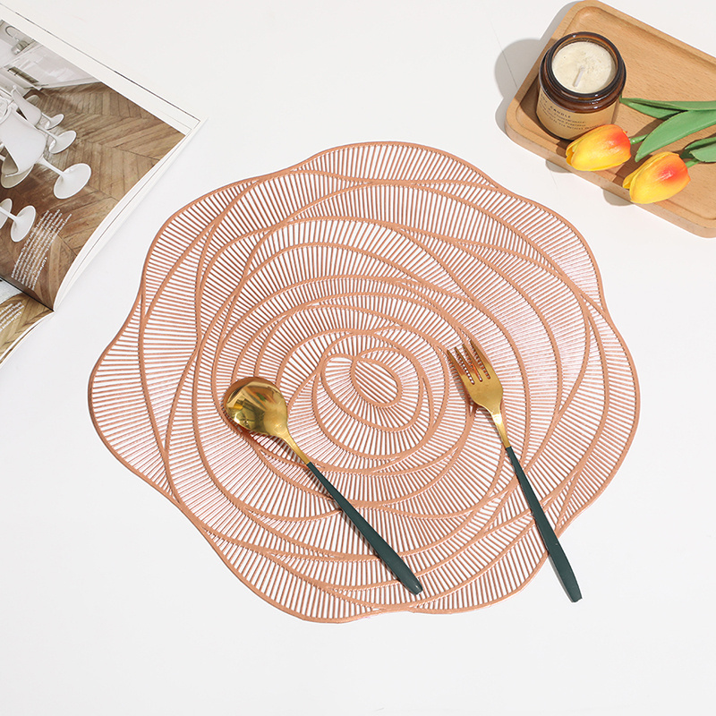 Wholesale rose vinyl placemat Hollow  round Plastic PVC Pressed golden Dinning Table Mat