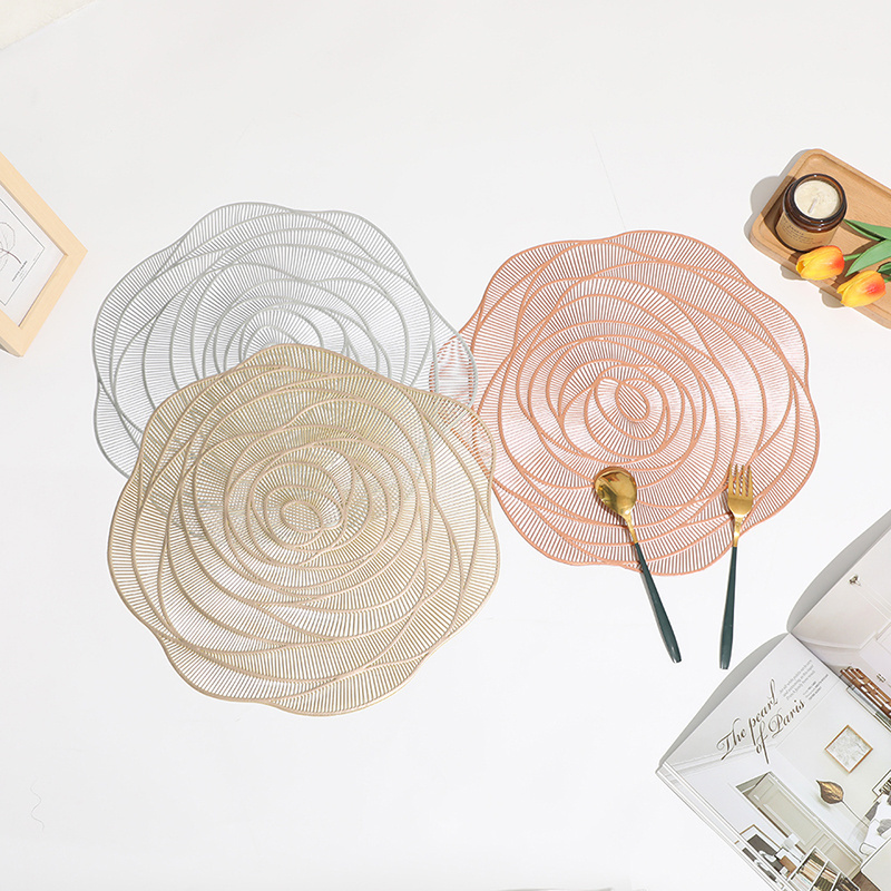 Wholesale rose vinyl placemat Hollow  round Plastic PVC Pressed golden Dinning Table Mat