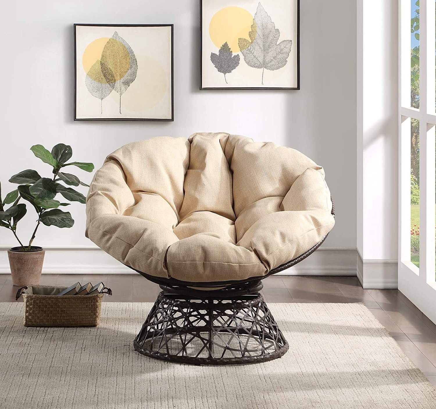 Home Furnishings Wicker Papasan Chair with 360-Degree Swivel, Brown Frame with Cream Cushion