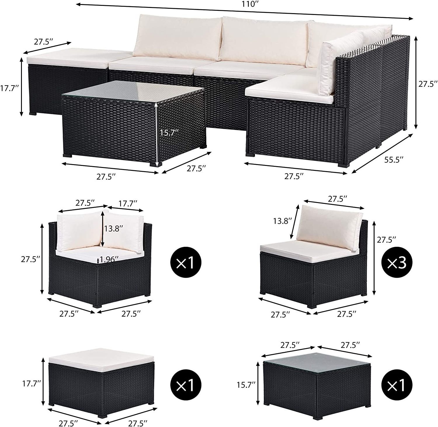 6-piece rattan furniture set, outdoor garden backyard sectional sofa, with glass table and removable cushion